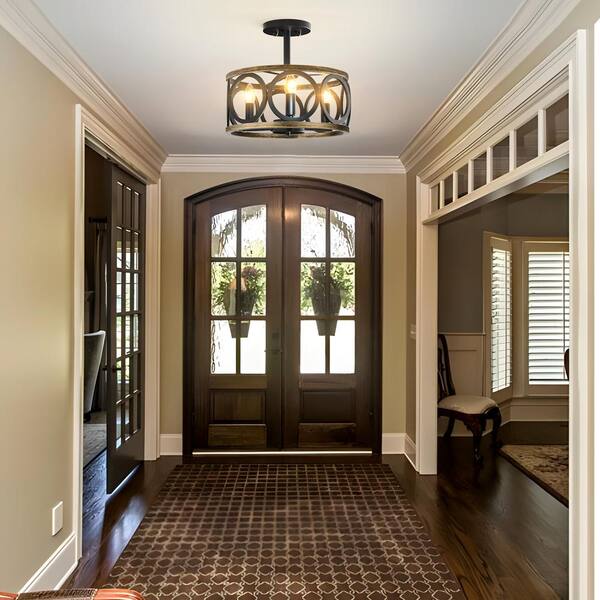 TOZING 13 in. 3-Light Black Cage Drum Semi-Flush Mount Ceiling