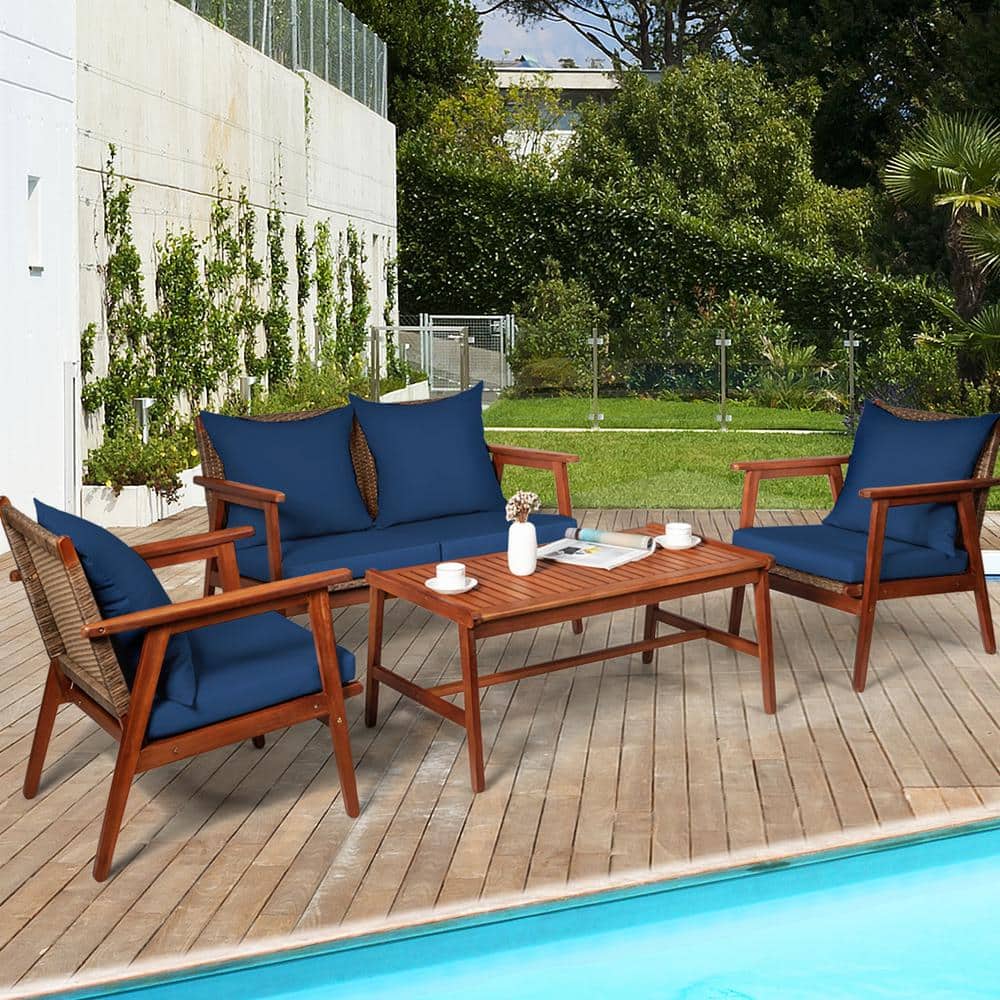 Navy Acacia Wood and Rattan 4-Piece Outdoor Patio Set