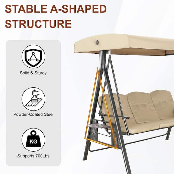Clihome 3-Person Metal Outdoor Patio Swing with Convertible Canopy