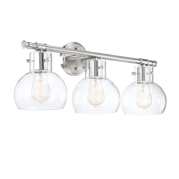 Hukoro 24.61 in. 3-Light Brushed Nickle Vanity Light with Clear Glass Shade