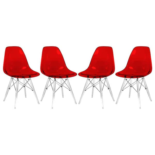 Dover Modern Plastic Dining Chair With Clear Acrylic Base Set of 4 in Transparent Red