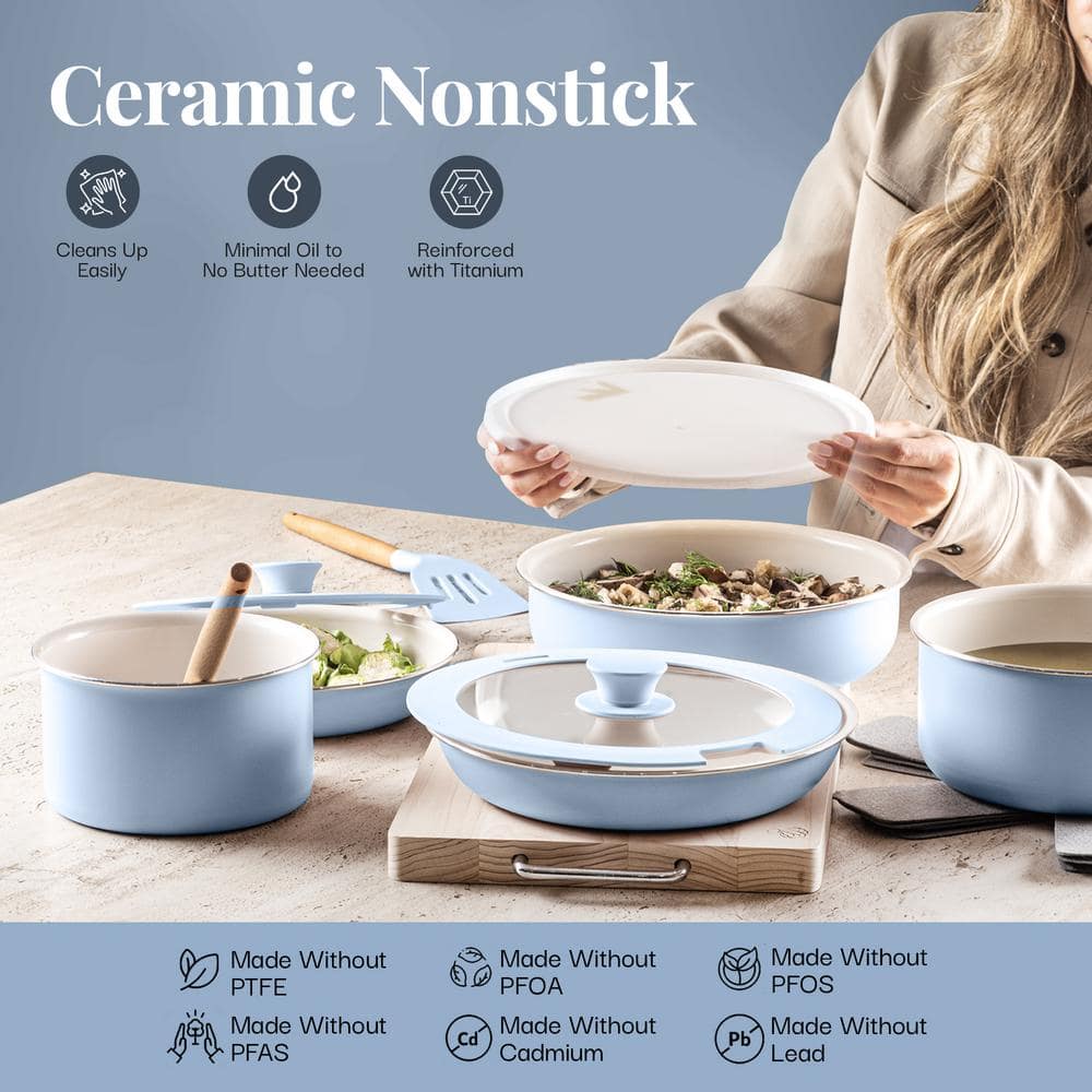 Light Blue Ceramic Nonstick 18-Piece Cookware Set with Detachable Handles