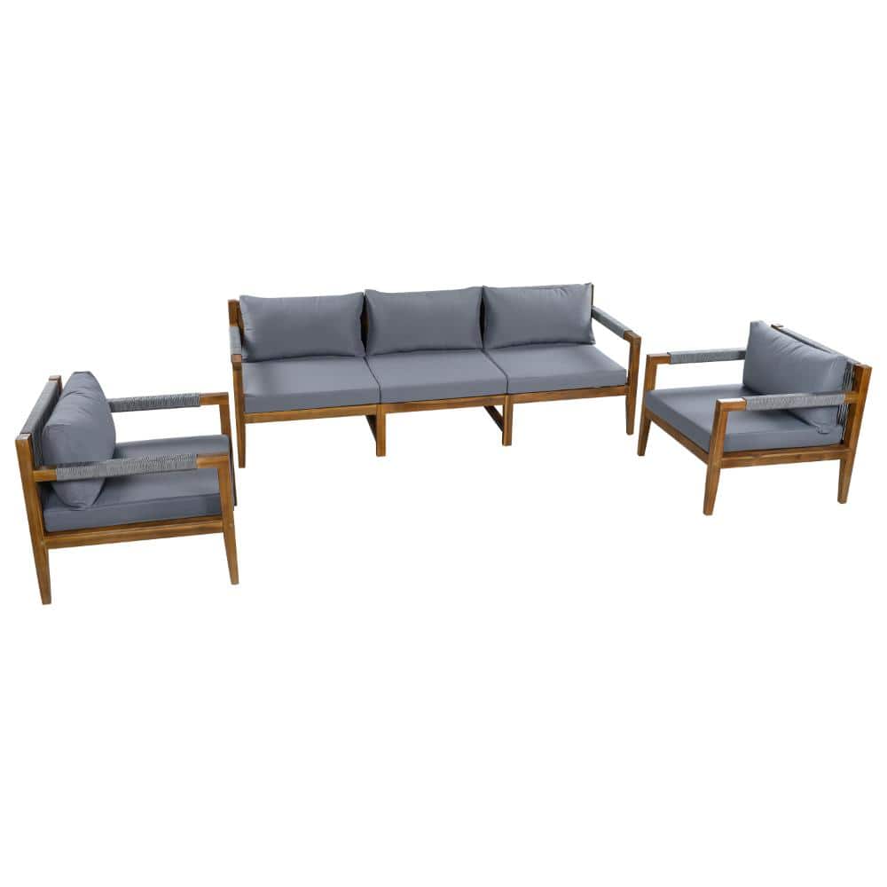 3-Piece Outdoor Sectional Sofa Set Solid Acacia Wood Frame with Grey Removable Cushions price history on PriceWatchPro