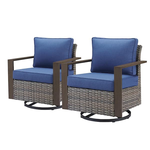 Rectangular Framed Armrest Swivel Gray Wicker Outdoor Rocking Chair with CushionGuard Blue Cushions Patio (Set 2-Pack)