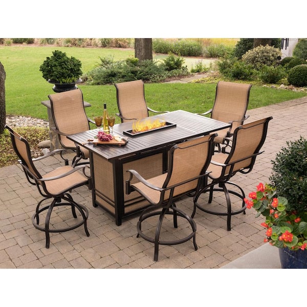 Hanover Monaco 7 Piece Aluminum Outdoor, Garden Furniture With Fire Pit In Middle Of Table