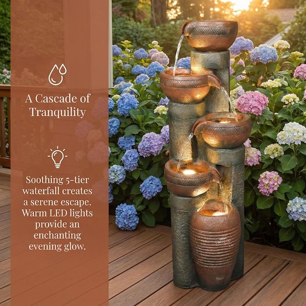 Rustic 39. 7in. H Polyresin Waterfall Floor Tiered Fountain with LED Lights for Garden, Patio, Deck, Porch, Yard Decor