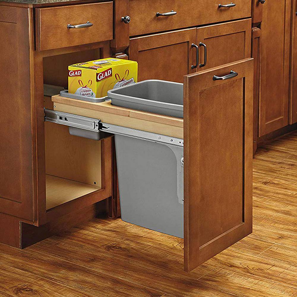 Silver and Natural Plastic Pull-Out Kitchen Trash Can with Soft-Close