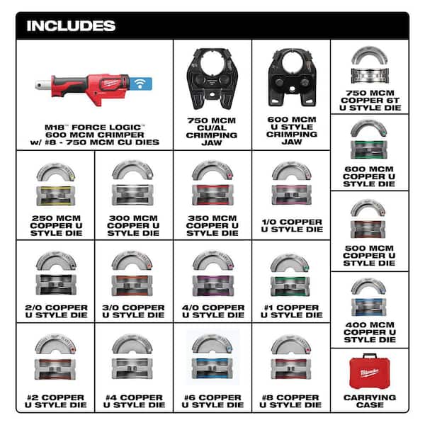 M18 18V Lithium-Ion Cordless FORCE LOGIC 600 MCM Cu Crimper with 750 MCM Expanded Jaw and Dies