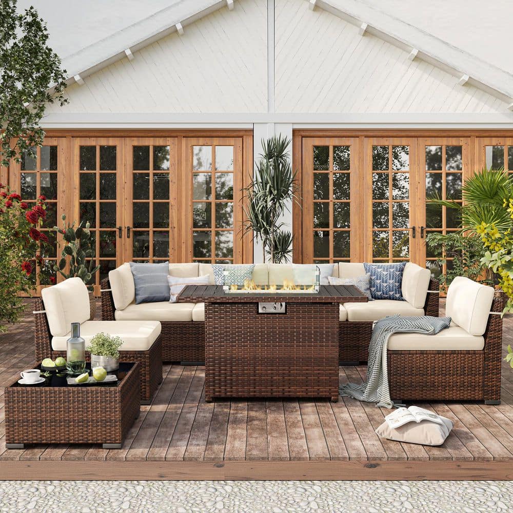 8-Piece Brown Rattan Wicker Outdoor Patio Set with Cream Cushions, Fire Pit Table, and Furniture Cover price history on PriceWatchPro
