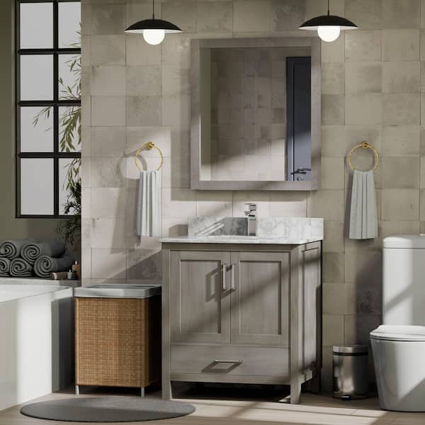 Jacques 30 in. W x 22 in. D Distressed Grey Bath Vanity and Carrara Marble Top