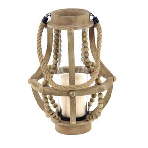 Beige Reclaimed Wood Beaded Pillar Candle Lantern