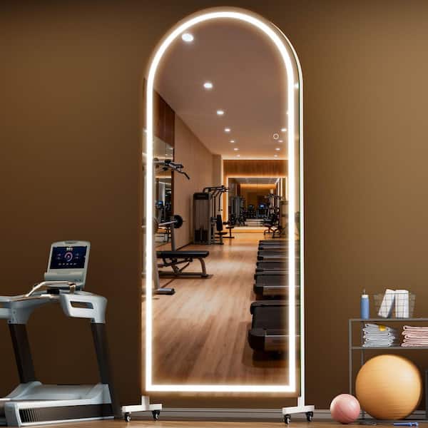 32 in. W x 79 in. H White Arched LED Full Length Mirror on Wheels Rolling Gym Mirror with 360° Swivel for Yoga Studio