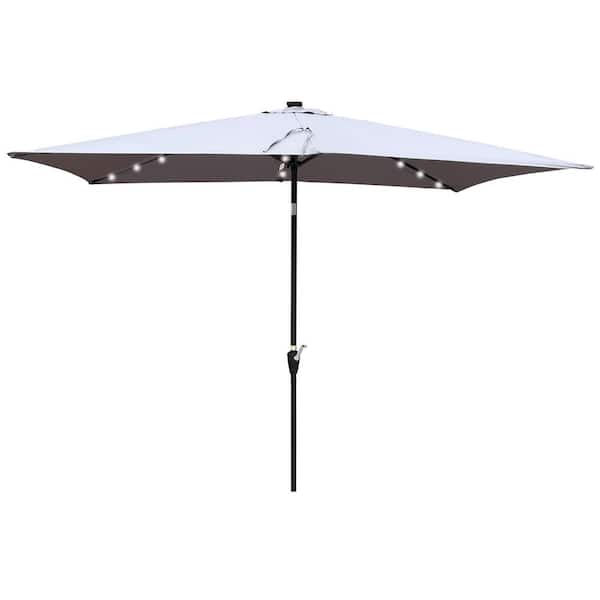 cenadinz 10 ft. x 6.5 ft. Rectangular Market Umbrellas Solar LED Lighted Outdoor with Crank and Push Button Tilt in Light Grey