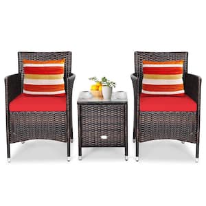 3-Piece PE Rattan Wicker Patio Conversation Set Outdoor Chairs and Coffee Table with Red Cushion