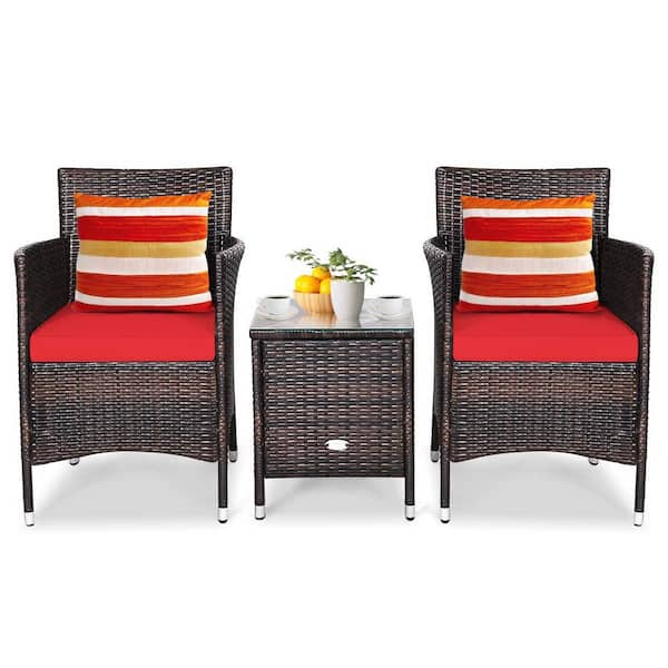 Alpulon 3-Piece PE Rattan Wicker Patio Conversation Set Outdoor Chairs and Coffee Table with Red Cushion