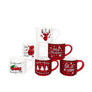 16 oz. Multi-Colored Plaid and White Christmas Large Ceramic Coffee Mugs for Hot Cocoa (Set of 6)