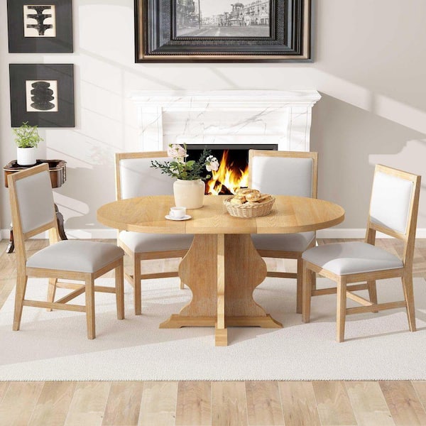 5-Piece Natural Wood Top Dining Table Set with Leaf Seats 4