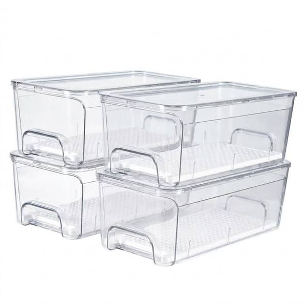 4-Pack Stackable Pull Out Clear Refrigerator Drawer Organizers with Strainer Layer for Fruits Vegetables Food Set