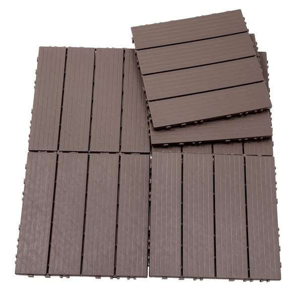 44 Patio Patio Light Coffee Color Plastic Waterproof Interlocking Floor Tiles, 11.8 in. x 11.8 in.