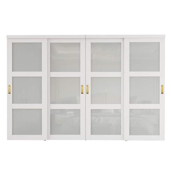 ARK DESIGN 120 in. x 80 in. 3-Lite Frosted Glass White Primed MDF Closet Sliding Door with Hardware and No Grooving Golden Handles