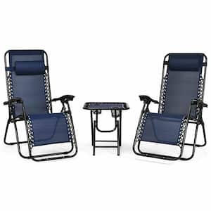 3-Piece Metal Fabric Folding Portable Zero Gravity Reclining Lounge Chairs Table Patio Conversation Set in Navy