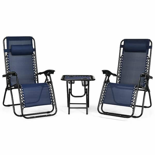 FORCLOVER 3-Piece Metal Fabric Folding Portable Zero Gravity Reclining Lounge Chairs Table Patio Conversation Set in Navy