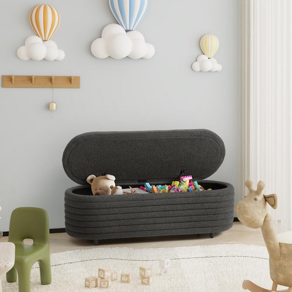 Bayville 54 in. Wide Oval Sherpa Upholstered Entryway Flip Top Storage Bedroom Accent Bench in Charcoal Gray