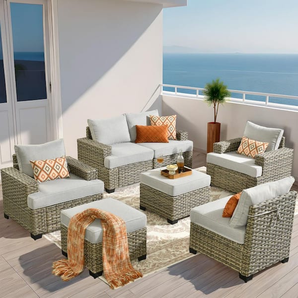 Silvae Gray 7-Piece Wicker Outdoor Patio Conversation Sectional Sofa Set with Beige Cushion and 2 Ottomans