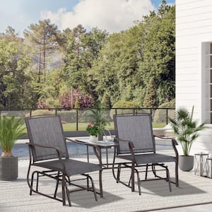 Modern Metal Outdoor Patio Glider Chair with Coffee Table, 2-Seat Rocking Chairs Loveseat with Breathable Sling in Gray