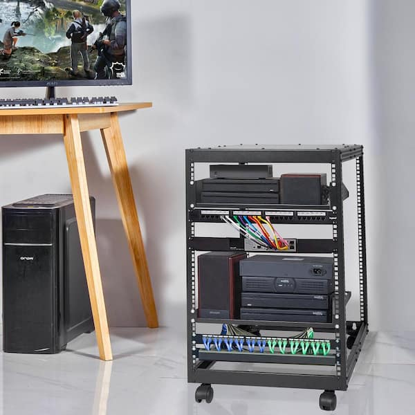 15U Open Frame Steel Server Cabinet Wall-Mountable Depth 17.3 x 15.7 x 0.05 in. Household Shelving Unit 2-Tier(Black)