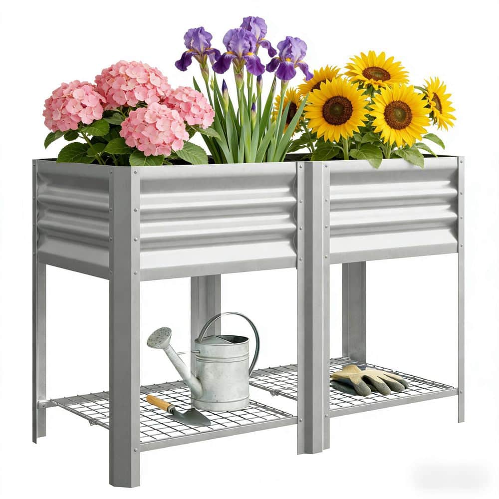 Silver Galvanized Steel Elevated Planter Box with Storage Shelf (47.2 in. L x 21.7 in. W x 31.5 in. H) price history on PriceWatchPro