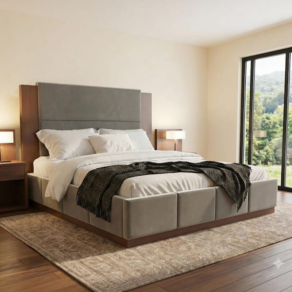 Thora Minimalist Modern Gray Wood Frame King Size Platform Bed with Velvet Upholstered Headboard, Wood Base