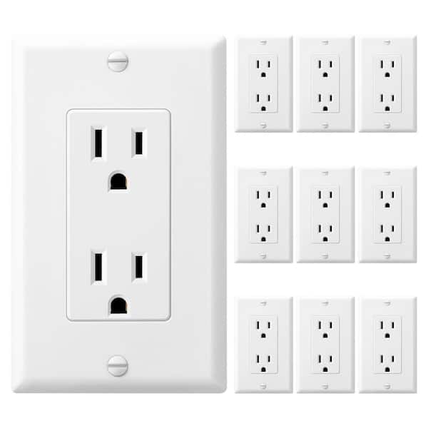 Decorator Receptacle Outlet with Wall Plate, 15 Amp Standard Electrical Wall Outlet, White (10 Pack)