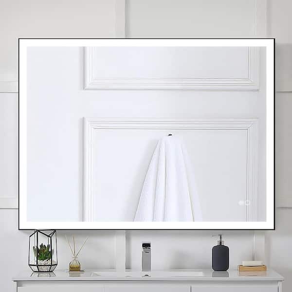 ANGELES HOME 48 in. W x 36 in. H Rectangular Framed Anti-Fog Wall Mount Dimmable LED Bathroom Vanity Mirror with Light in Matte Black