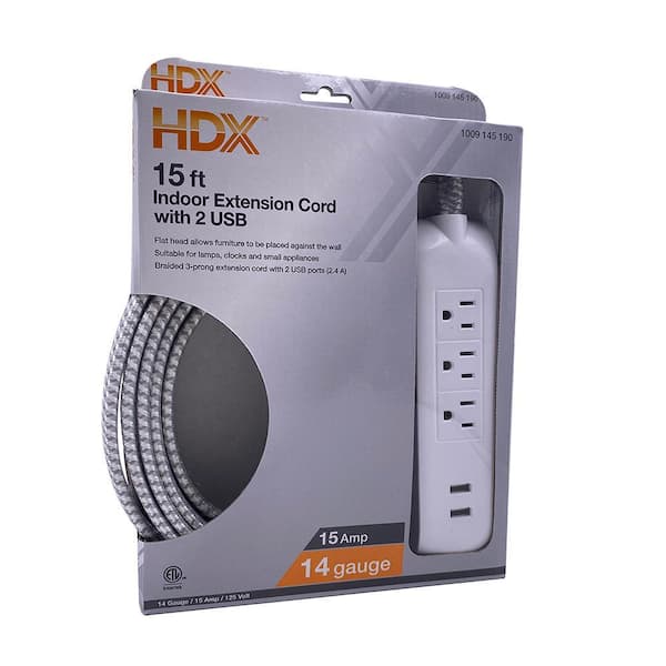 HDX 15 ft. 14/3 Gauge Light Duty Indoor Braided Extension Cord with 2 USB and 3 Outlet, Grey/White