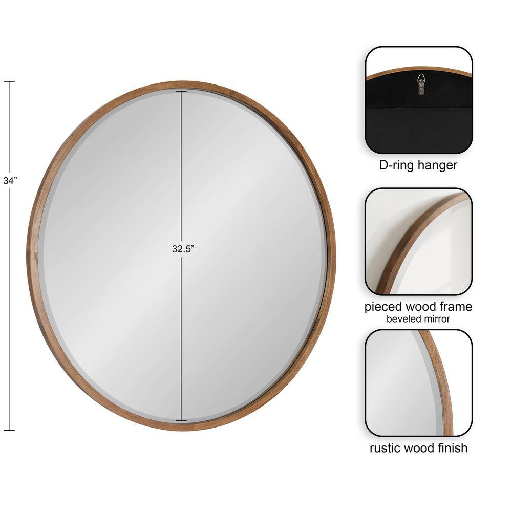 34" Round Walnut Wood Bathroom Vanity Mirror
