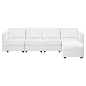 112.6 in. W Faux Leather 4-Seater Living Room Modular Sectional Sofa with Ottomanfor Streamlined Comfort in White