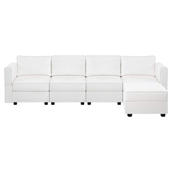 HOMESTOCK 112.6 in. W Faux Leather 4-Seater Living Room Modular Sectional Sofa with Ottomanfor Streamlined Comfort in White