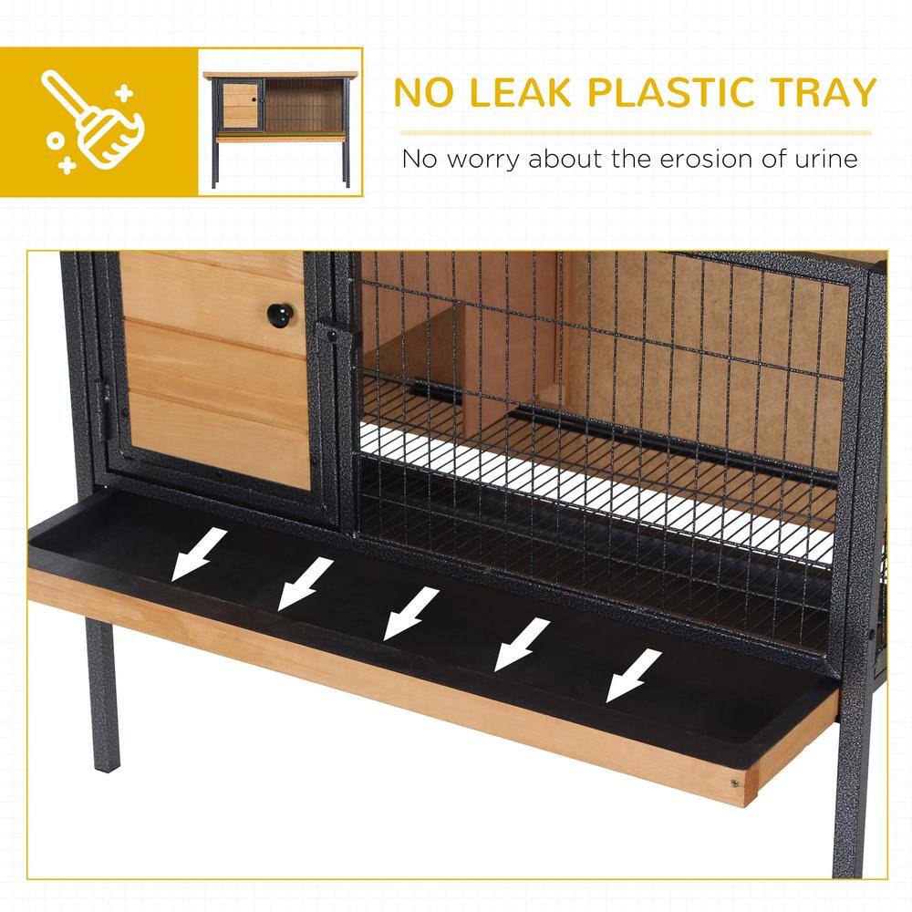 Natural Wood Elevated Rabbit Hutch with Metal Frame and Asphalt Roof