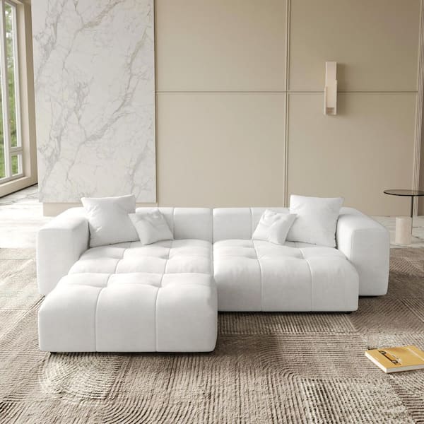 White ソファ Magic Home 105 in. White Upholstery Linen Square Arm Chaise Lounge