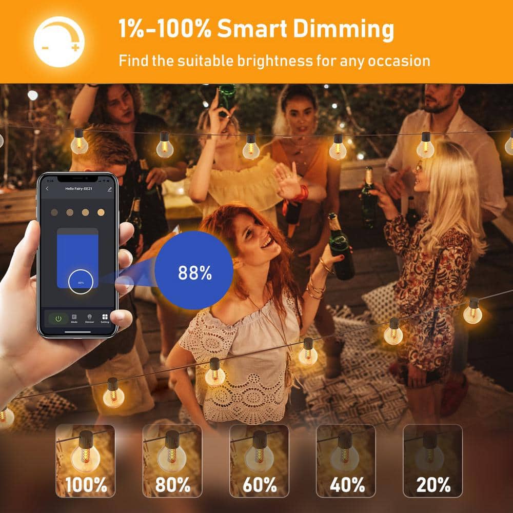 100ft Warm White LED Globe String Lights with Dimmer and Bluetooth Control