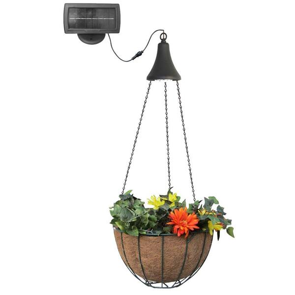 GAMA SONIC Solar Powered Black Integrated LED Hanging Spotlight with Hanging Planter Basket
