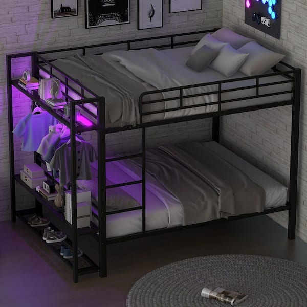 Black Full over Full Metal Bunk Bed with Storage Mesh Shelves, Clothes Hooks, LED Light