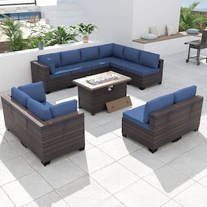 11-Piece Wicker Patio Conversation Set with 55000 BTU Gas Fire Pit Table and Glass Coffee Table and Navy Cushions