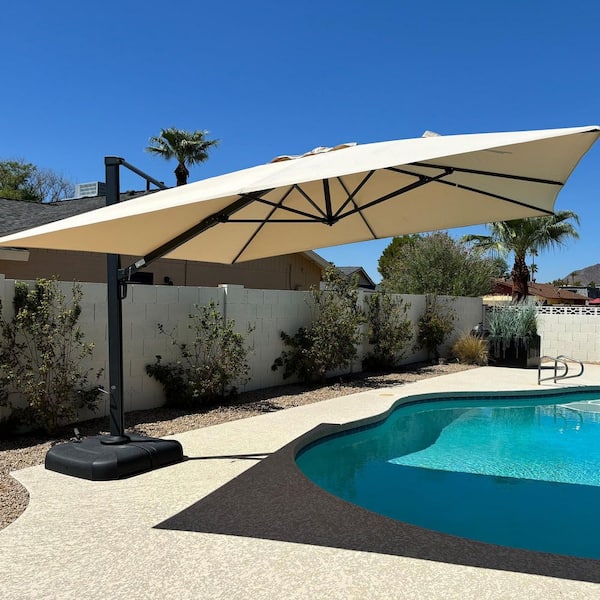10 ft. x 13 ft. Large Outdoor Aluminum Cantilever 360-Degree Rotation Patio Umbrella with Base, Beige