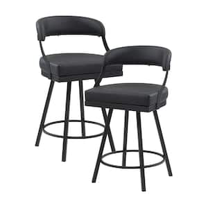 Brassica 26.5 in. Black Finish Metal Swivel Counter Height Chair with Black Faux Leather Seat (Set of 2)