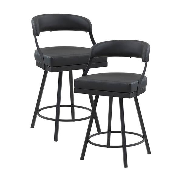 Lazzara Brassica 26.5 in. Black Finish Metal Swivel Counter Height Chair with Black Faux Leather Seat (Set of 2)