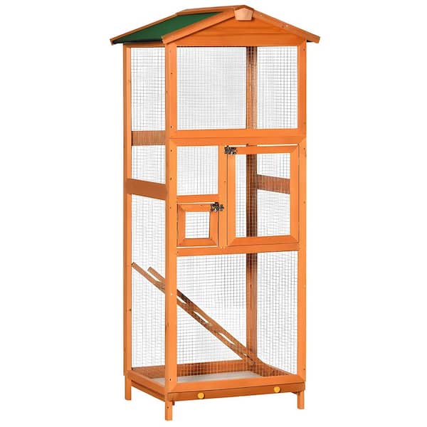 65 in. Orange Wooden Bird House w/ Pull Out Tray and Doors, Outdoor Bird Cage w/ Waterproof Materials and UV Protection