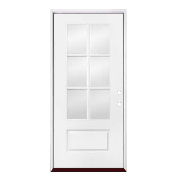 32 in. x 80 in. Left-Hand/Inswing 1 Panel 6 Lite Clear Glass Primed White Smooth Fiberglass Prehung Door, PVC Frame