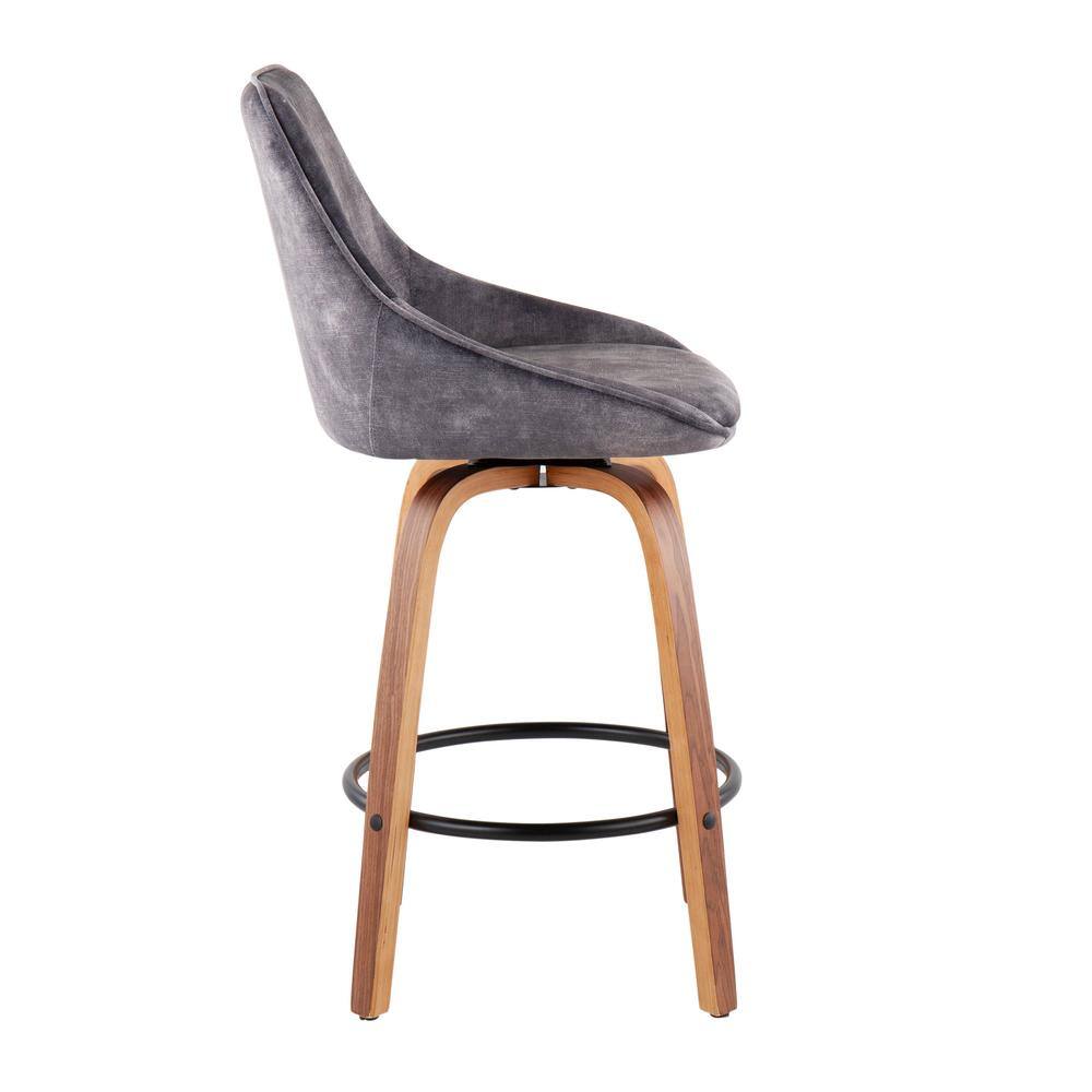 Diana 18.5" Swivel Counter Stool in Grey Velvet and Walnut Wood